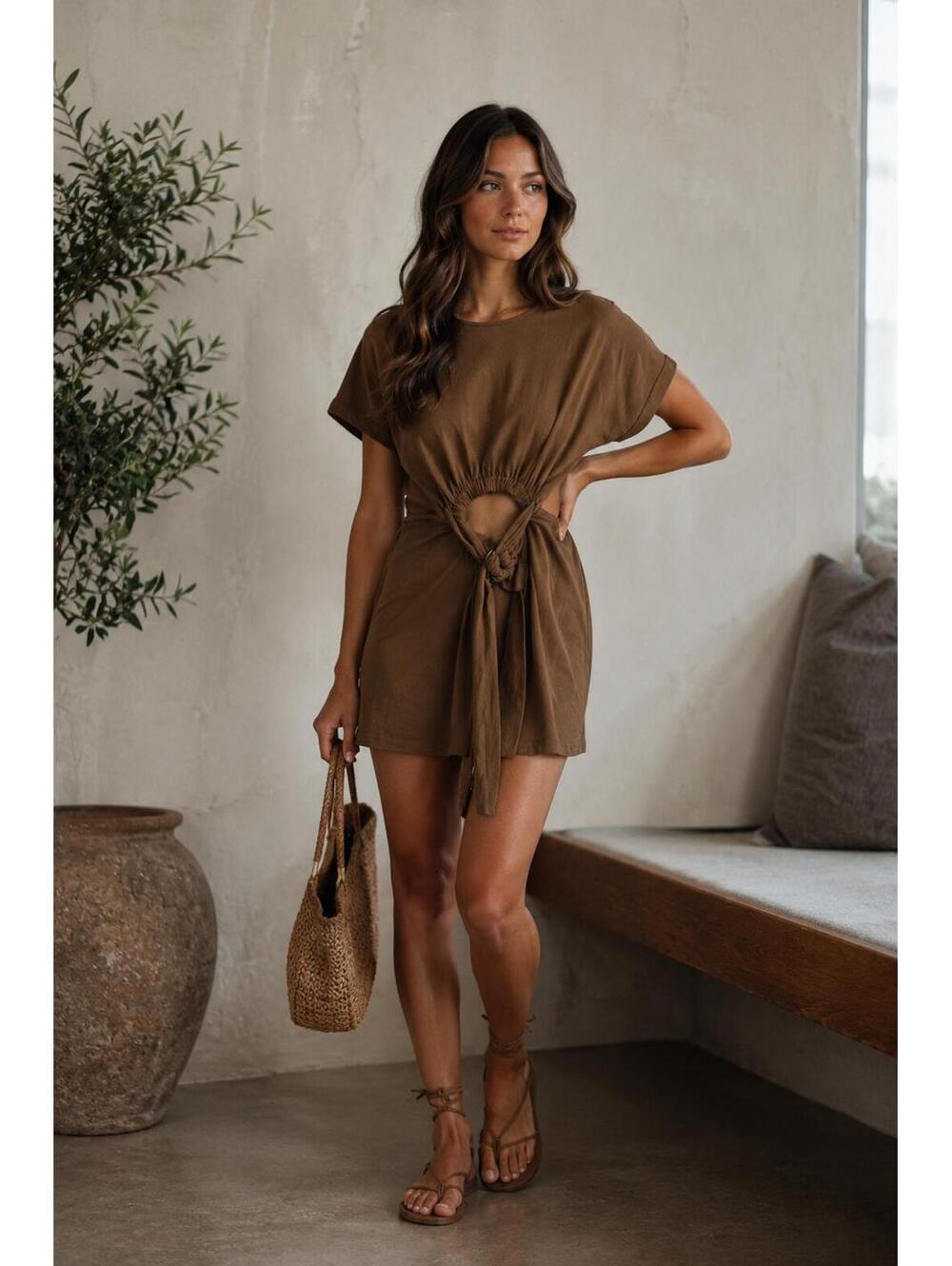 Free People Boho Mocha Cutout Tie Mini Dress | Size S